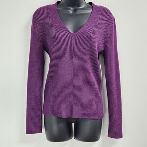 Nine West Sweater Women Large Plum Purple V Neck Pullover Cozy Soft Casual